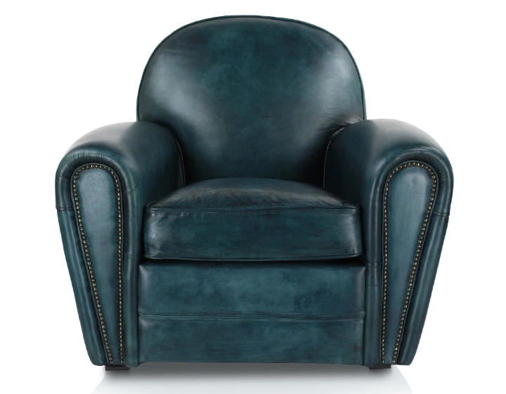 Fauteuil club cuir bleu accoudoirs cloutés