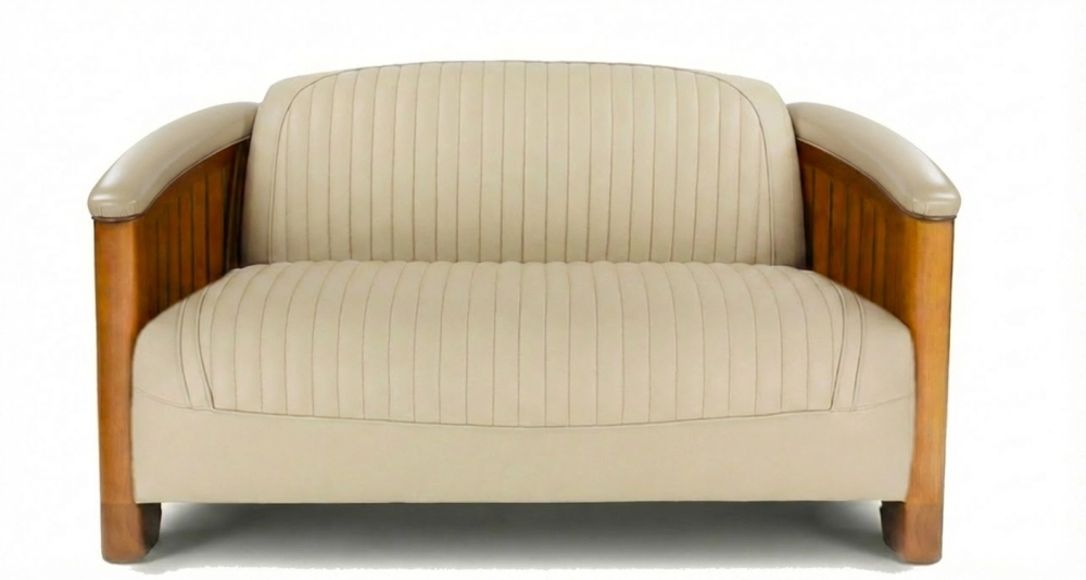 2 seater wooden and leather club sofa beige