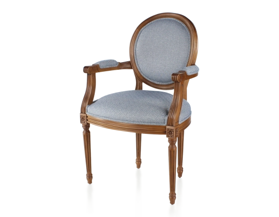 Antique Louis XVI style armchair with armrests aged wood stain and blue chevron fabric