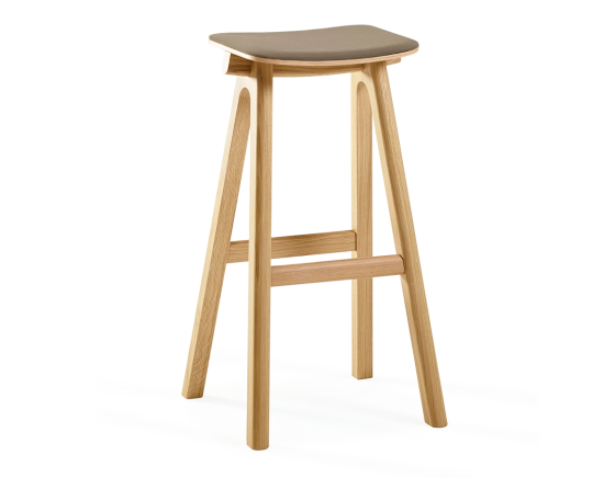 Tabouret de bar en chêne tapissé H80 cm bois teinte naturelle assise tissu taupe