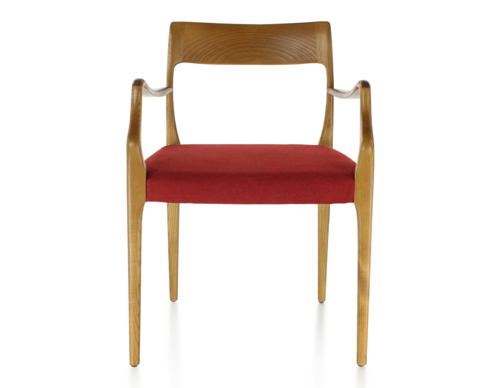 Scandinavian armchair with armrests cherry wood stain burgundy fabric seat Scandinavian armchair with armrests cherry wood stain burgundy fabric seat