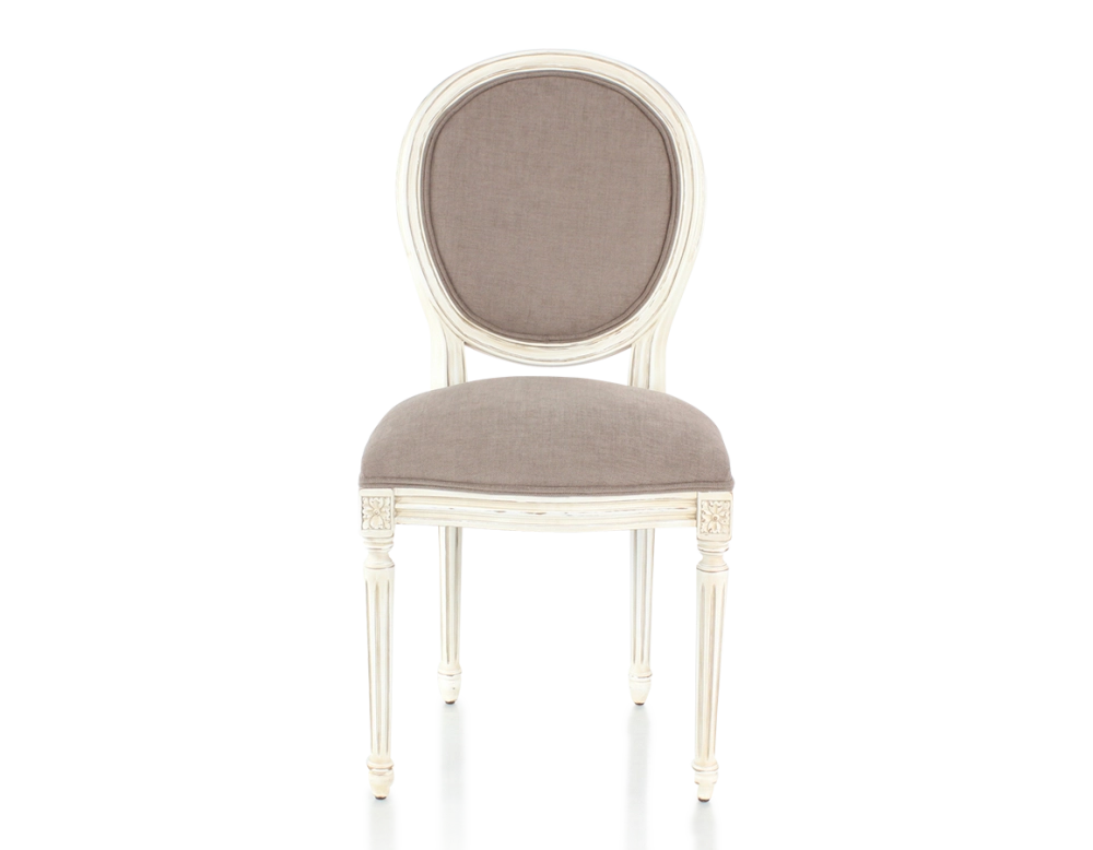 Chaise ancienne style Louis XVI bois teinte blanche cérusée et tissu taupe Chaise ancienne style Louis XVI bois teinte blanche cérusée et tissu taupe