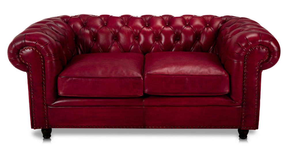 Canapé Chesterfield cuir 2 places rouge carmin accoudoirs cloutés Canapé Chesterfield cuir 2 places rouge carmin accoudoirs cloutés