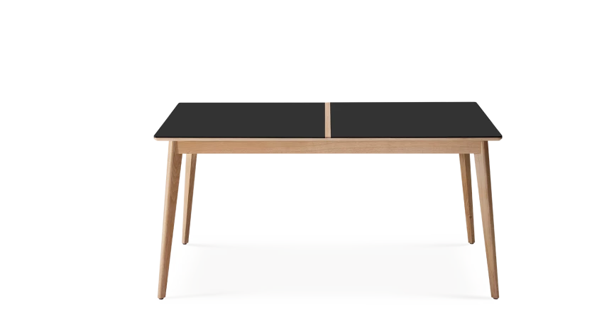 Table extensible en chêne et céramique allonges bois avec bois teinte naturelle et plateau céramique noir unie 140x90 cm