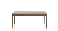 Table extensible en chêne et céramique allonges bois avec bois teinte marron foncé et plateau céramique effet marbre blanc 140x100 cm
