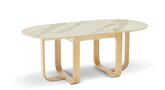 Table extensible en chêne naturel et céramique effet marbre blanc allonge céramique 210x100 cm