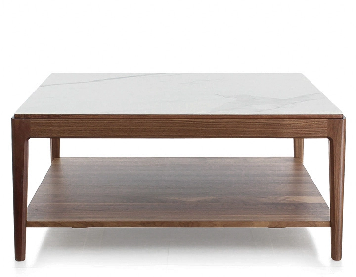 Table basse carrée en noyer et céramique avec tablette en bois teinte naturelle plateau céramique effet marbre blanc 100x100 cm Table basse carrée en noyer et céramique avec tablette en bois teinte naturelle plateau céramique effet marbre blanc 100x100 cm