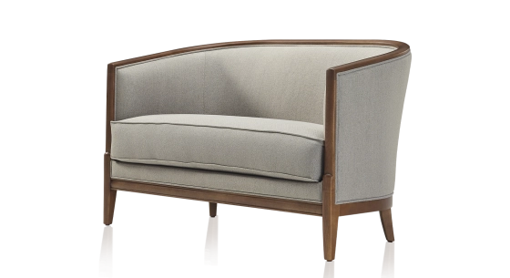 Canapé ancien 2 places bois teinte noyer et tissu gris clair