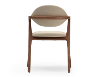 Designer armchair dark brown stained wood and taupe fabric. Designer armchair dark brown stained wood and taupe fabric.