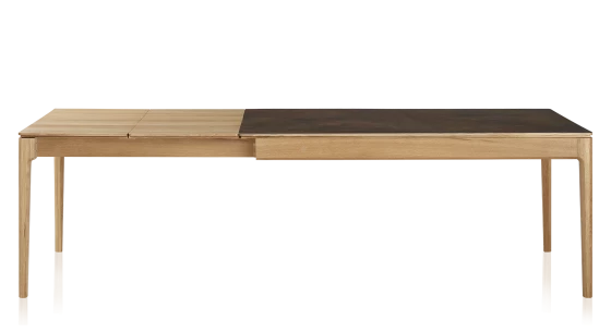Table extensible en chêne naturel et céramique brune oxydée 140x90 cm allonges chêne