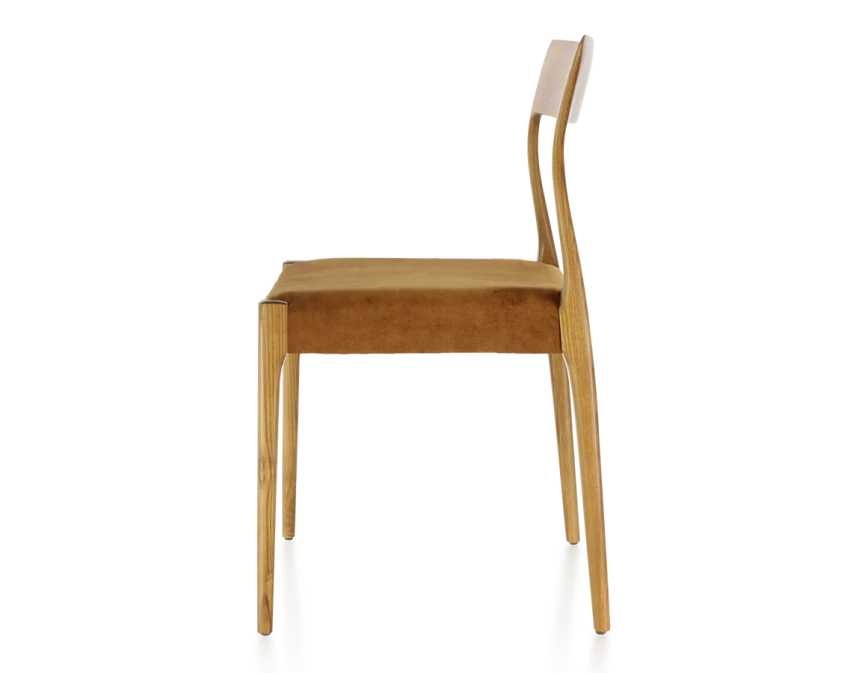 Chaise scandivave bois teinte merisier assise tissu velours bronze