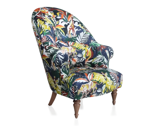 Fauteuil crapaud avec accoudoirs pieds bois teinte noyer et tissu jungle haut dossier