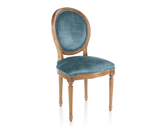 Chaise ancienne style Louis XVI bois teinte ancienne et tissu velours bleu pétrole