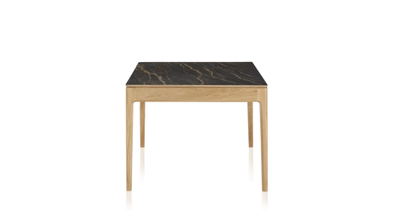 Oak and ceramic dining table for 6 people with natural stained wood and black marble effect ceramic top 180x90 cm