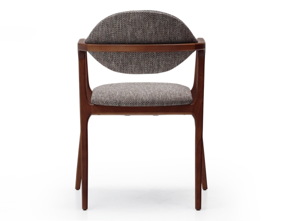 Designer armchair cherry wood stain and brown mottled fabric