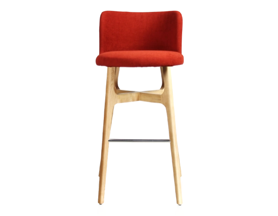 Bar stool h80 cm natural stained wood, burnt orange fabric seat