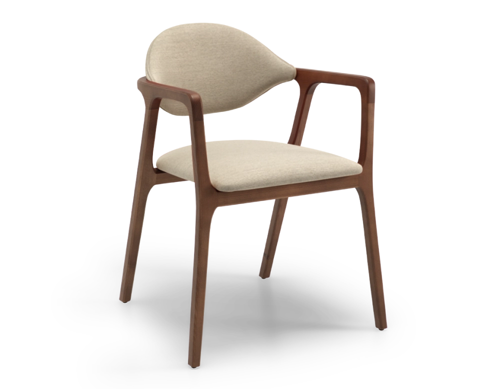 Designer armchair dark brown stained wood and taupe fabric. Designer armchair dark brown stained wood and taupe fabric.