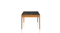 Table extensible 8 à 14 personnes en chêne et céramique allonges céramique avec bois teinte merisier et plateau et allonges céramique effet marbre noir 210x100 cm