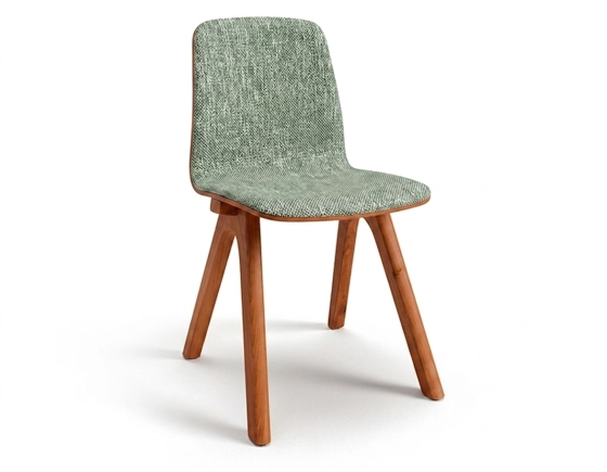 Chaise design en chêne tapissé bois teinte merisier assise tissu chiné vert