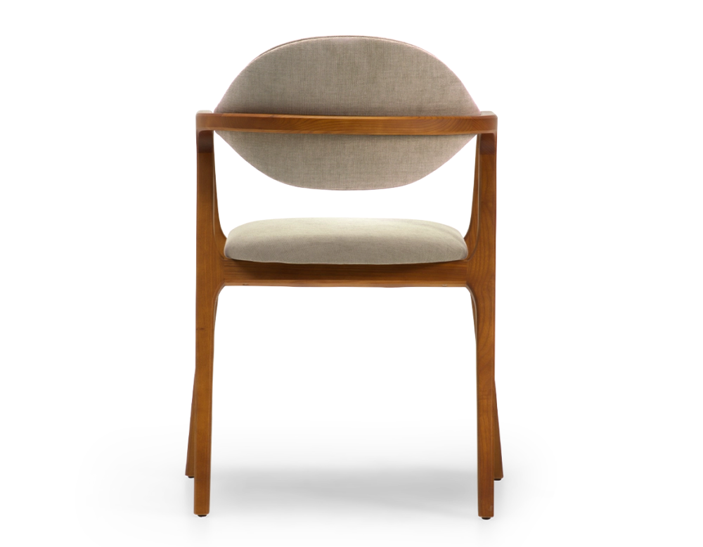 Designer armchair cherry wood stain and taupe fabric Designer armchair cherry wood stain and taupe fabric