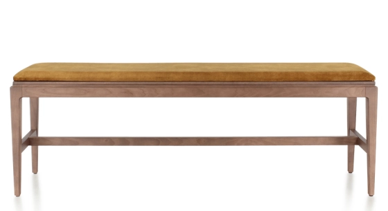 Banc design bois teinte noyer assise tissu velours bronze L120 cm