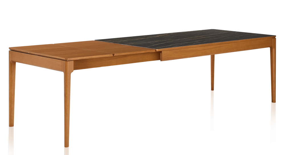 Table extensible 8 à 12 personnes en chêne et céramique allonges bois avec bois teinte merisier et plateau céramique effet marbre noir 160x100 cm Table extensible 8 à 12 personnes en chêne et céramique allonges bois avec bois teinte merisier et plateau céramique effet marbre noir 160x100 cm