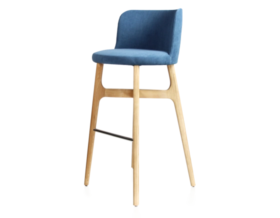 Tabouret de bar h80 cm bois teinte naturelle assise tissu bleu jeans