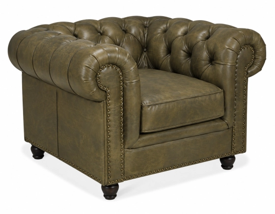 Fauteuil chesterfield cuir vert olive accoudoirs cloutés