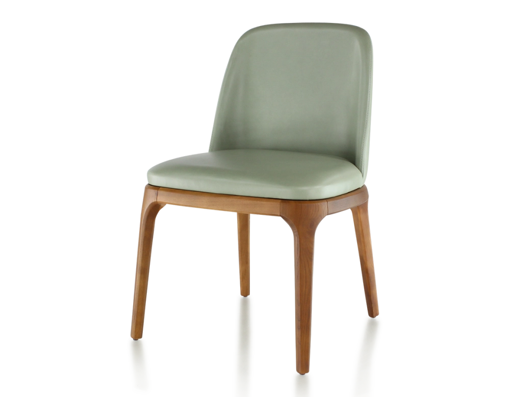 Chaise design bois teinte merisier et cuir cuir vert sauge Chaise design bois teinte merisier et cuir cuir vert sauge