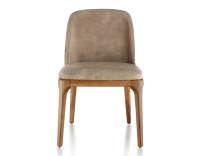 Designer chair cherry-stained wood and light taupe velvet fabric Designer chair cherry-stained wood and light taupe velvet fabric