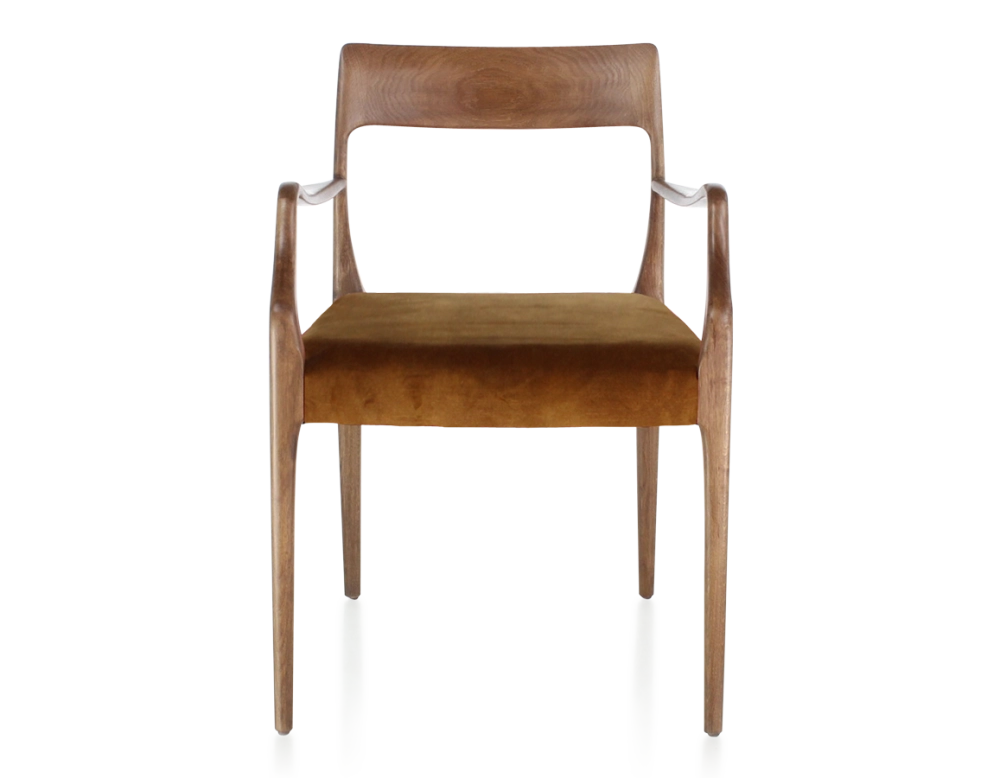 Chaise scandinave avec accoudoirs bois teinte noyer assise tissu velours bronze Chaise scandinave avec accoudoirs bois teinte noyer assise tissu velours bronze