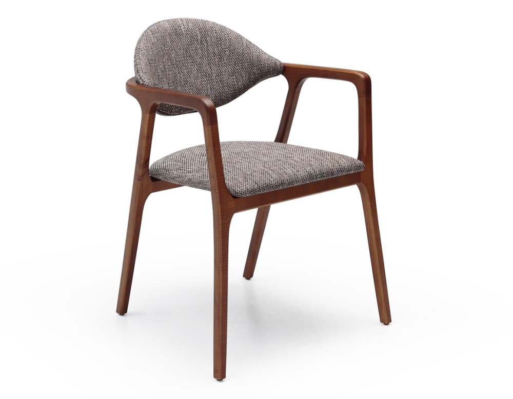 Chaise design avec accoudoirs bois teinte merisier et tissu chiné marron Chaise design avec accoudoirs bois teinte merisier et tissu chiné marron