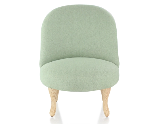 Fauteuil crapaud sans accoudoirs pieds bois teinte naturelle et tissu vert sauge