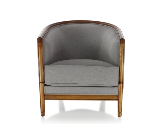 Fauteuil ancien accoudoirs moulurés bois teinte ancienne et tissu gris clair