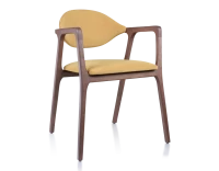 Chaise design avec accoudoirs bois teinte noyer et tissu jaune