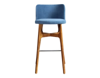 Tabouret de bar h80 cm bois teinte merisier assise tissu bleu jeans Tabouret de bar h80 cm bois teinte merisier assise tissu bleu jeans