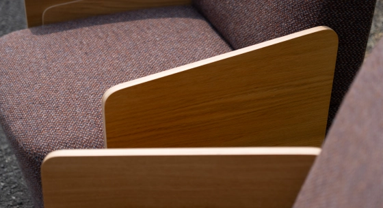 Set of 2 designer armchairs with armrests natural oak seat with mauve and grey tweed fabric.