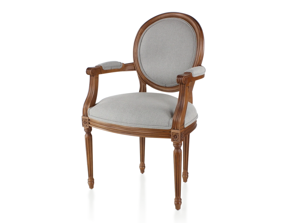 Chaise ancienne style Louis XVI avec accoudoirs bois teinte ancienne et tissu gris clair Chaise ancienne style Louis XVI avec accoudoirs bois teinte ancienne et tissu gris clair