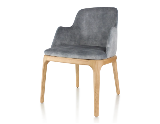 Designer chair with armrests natural stained wood and grey velvet fabric