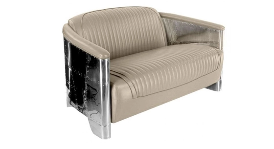 2 seater riveted aluminium and leather aviator sofa beige