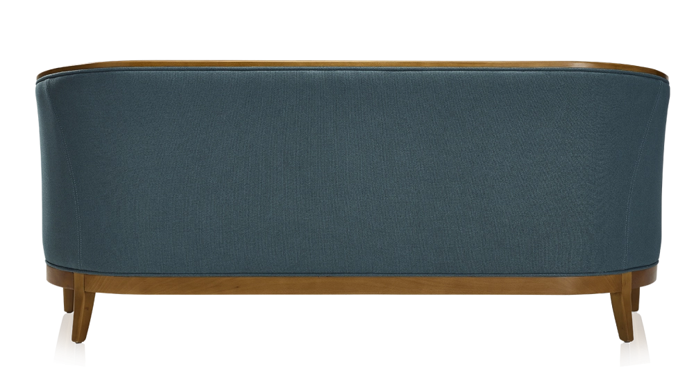 Canapé ancien 3 places accoudoirs moulurés bois teinte ancienne et tissu bleu océan