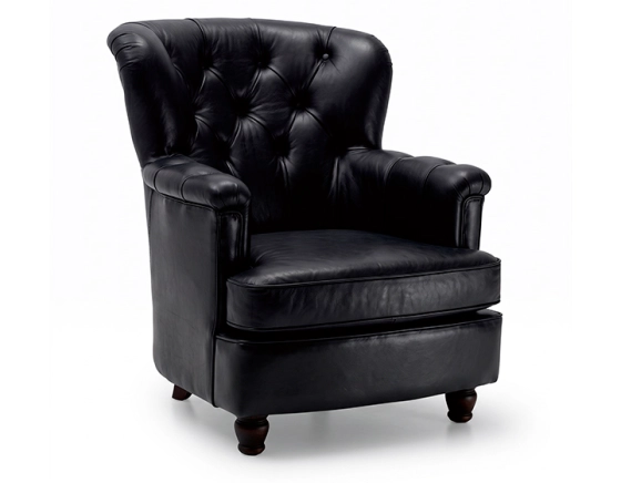 Fauteuil Chesterfield cuir noir moyen dossier