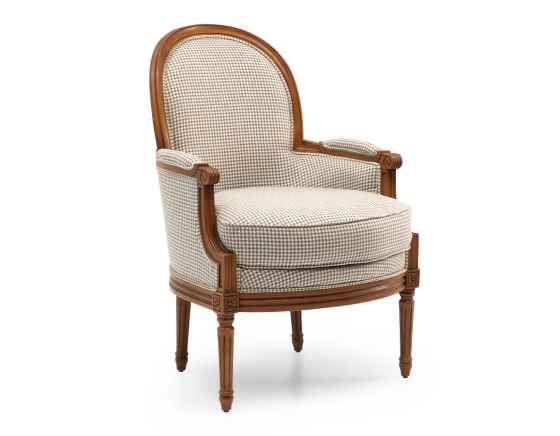 Fauteuil bergère style Louis XVI bois teinte ancienne et tissu pied de poule blanc et taupe
