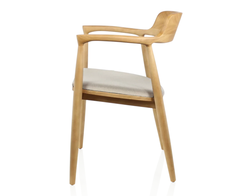 Chaise scandinave bois teinte naturelle assise tissu chevron beige