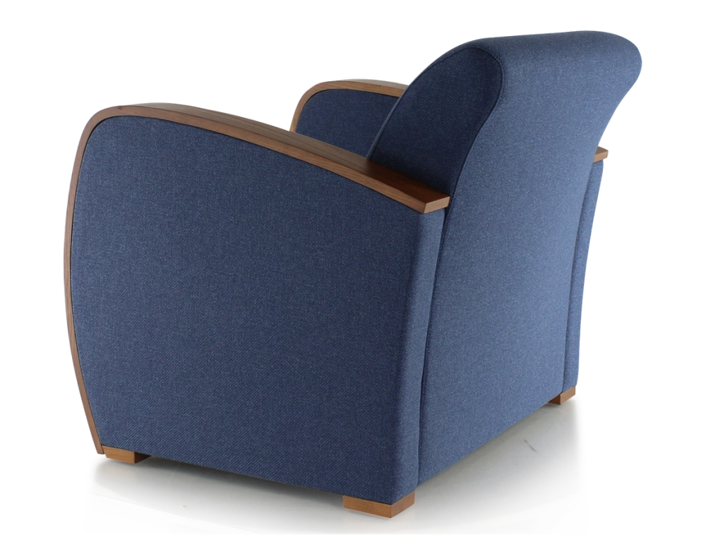 Fauteuil design bois teinte merisier et tissu bleu marine Fauteuil design bois teinte merisier et tissu bleu marine