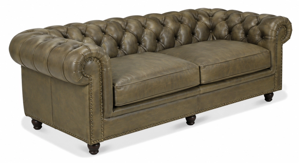 Canapé Chesterfield cuir 3 places vert olive accoudoirs cloutés