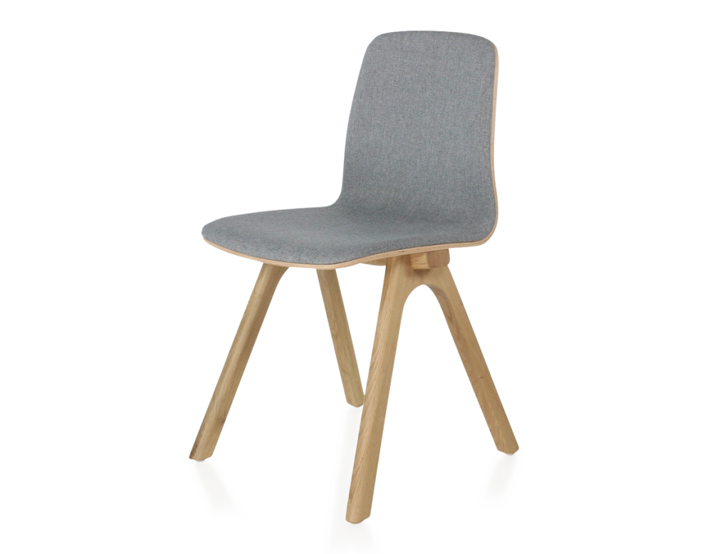 Chaise design en chêne tapissé bois teinte naturelle assise tissu gris clair Chaise design en chêne tapissé bois teinte naturelle assise tissu gris clair