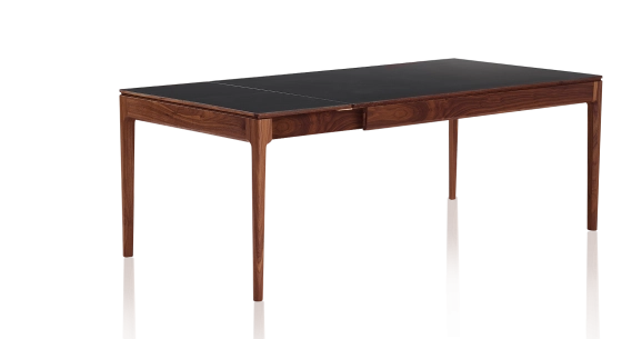 Extendable table for 8 to 12 people in walnut and ceramic, ceramic extensions with natural stained wood and plain black ceramic top and extensions 160x100 cm