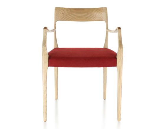 Chaise scandivave avec accoudoirs bois teinte naturelle assise tissu bordeaux