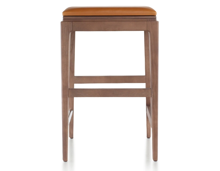 Tabouret de bar design H60 cm bois teinte noyer assise cuir caramel Tabouret de bar design H60 cm bois teinte noyer assise cuir caramel